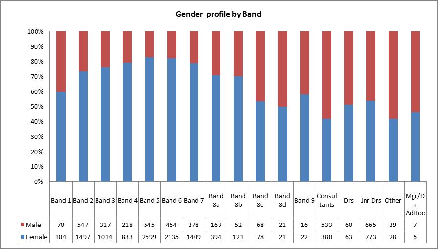 Gender profile by band The gender profile by band shows an above Trust baseline average of female staff on bands 5 and 6.
