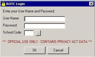 Logging-in Upon opening the ROTC Student Program, a window will display asking for a User Name, a Password, and a School Code.