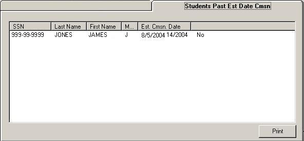 Students Past Est Date of Cmsn Tab (Students Past Estimated Date of Commission) This tab displays the student's SSN, Last Name, First Name, Middle Initial, and Estimated Date of Commission of