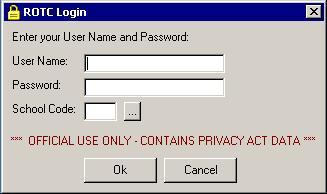 Logging In Upon executing the ROTC Student Program, a window will display asking for a User Name, a Password, and a School Code.