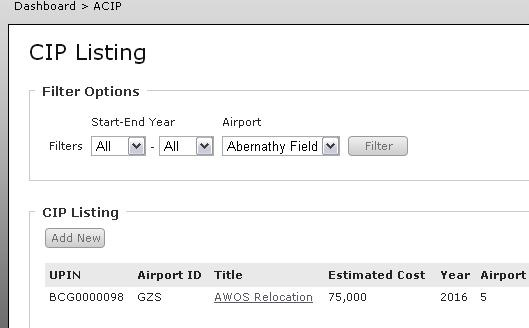 (Figure 5.1f) CIP Listing All entries will be listed on the CIP Listing page.