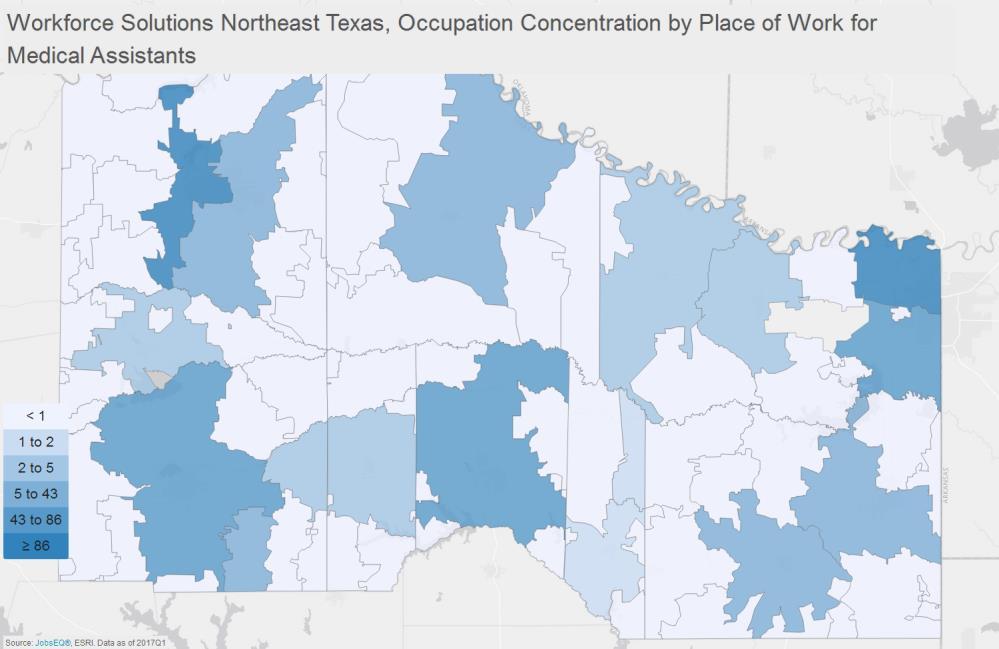 Geographic Distribution The below maps illustrate the ZCTA-level distribution of employed Medical Assistants in the Workforce Solutions Northeast Texas.