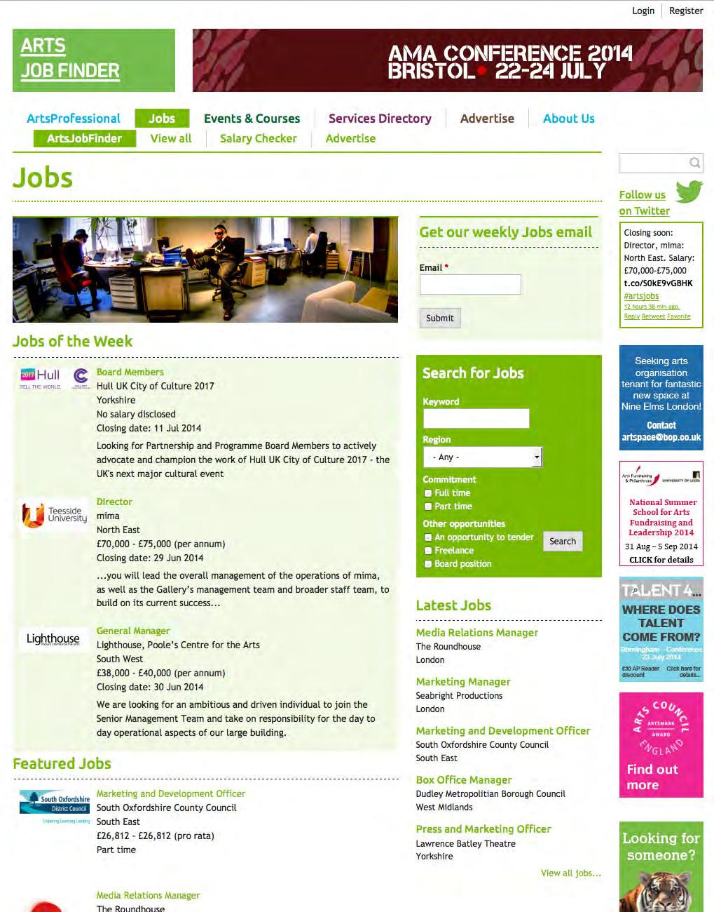 RECRUITMENT ADVERTIING ArtsJobFinder home page WEBITE With logo in Jobs of the week on the ArtsJobFinder home page B J earchable text listing plus logo in ArtsJobFinder website