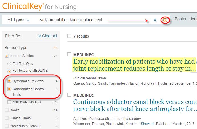 Searching ClinicalKey for Nursing Enter several elements from your P.I.C.O.(T.) topic into the single search box and then click search.