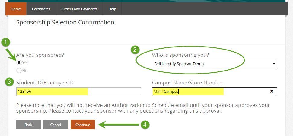 Your PTCE Application Sponsorship Selection Confirmation 1.) Select that you are sponsored. 2.) Enter your sponsoring employer or educator by typing the name and selecting from the drop-down list. a.) If you do not see your sponsor on this list, contact your sponsor.