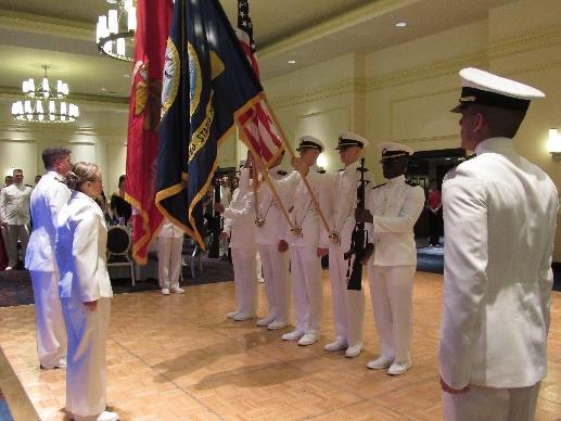 Starting from the left to right, the NROTC Color Guard was composed of: MIDN 4/C Eichhorn, MIDN 4/C Lambeth, MIDN 3/C Craft, MIDN 4/C Amrhein, and MIDN 4/C