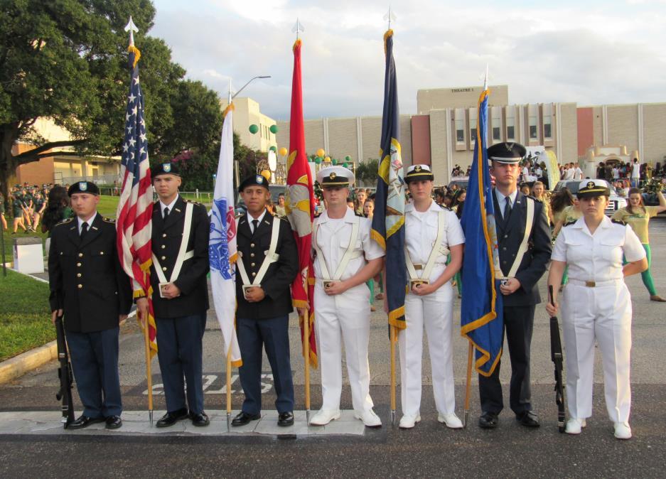 Members from all branches of ROTC at USF participated in a Homecoming Color Guard: MS3 Dugo, MS3 Cottrell, MS3 Yarbough, MIDN 1/C Varicak, MIDN 3/C Sleeter, AS200 Kirk, and MIDN