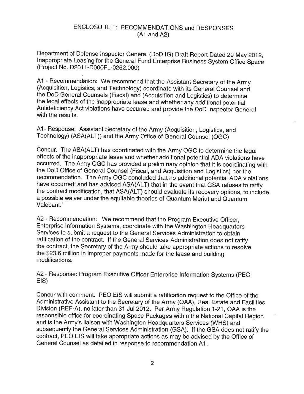 ENCLOSURE 1: RECOMMENDATIONS and RESPONSES (Ai and A2) Department of Defense Inspector General (DoD JG) Draft Report Dated 29 May 2012, Inappropriate Leasing for the General Fund Enterprise Business