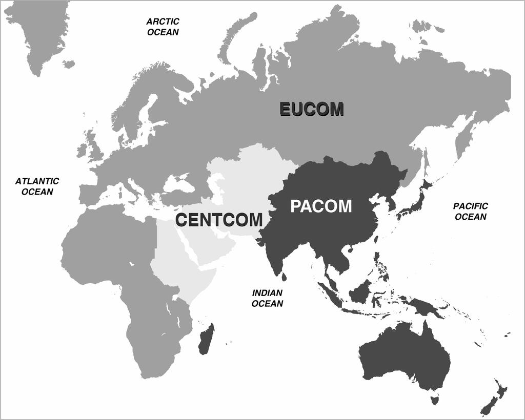 Figure 1: PACOM, EUCOM, and CENTCOM Geographic Areas of Responsibility Source: GAO.