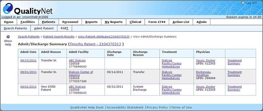 View Patient Attributes 4. Click the Admit/Discharge Summary link.