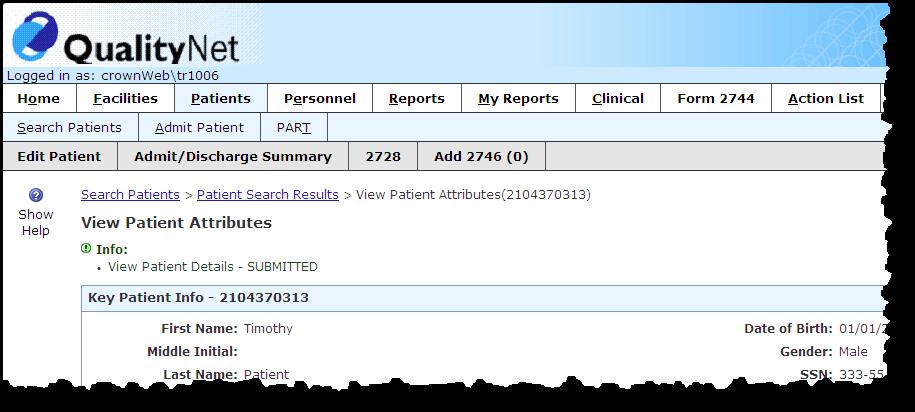 The View Patient Attributes screen displays the message View Patient Details Submitted.