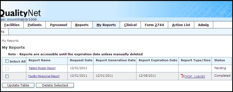 The My Reports screen displays a list of all reports submitted by the user within