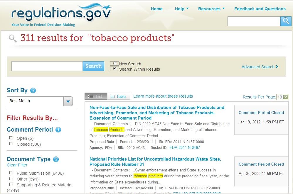 Or, browse the site by featured regulations and subject. Tobacco control regulations may fall under Food Safety, Health, and Pharmaceutical.