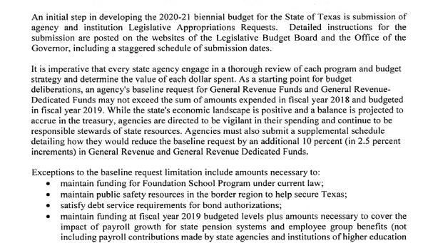 Policy Letter from the Legislative Budget Board and Governor's Office of