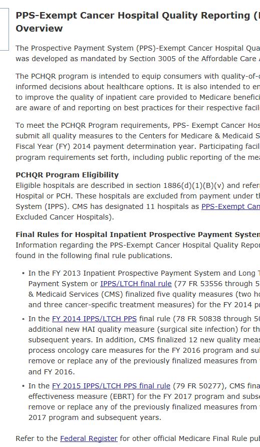 Quality Reporting Program Page The PCHQR Program page provides: List of hospitals in PCHQR
