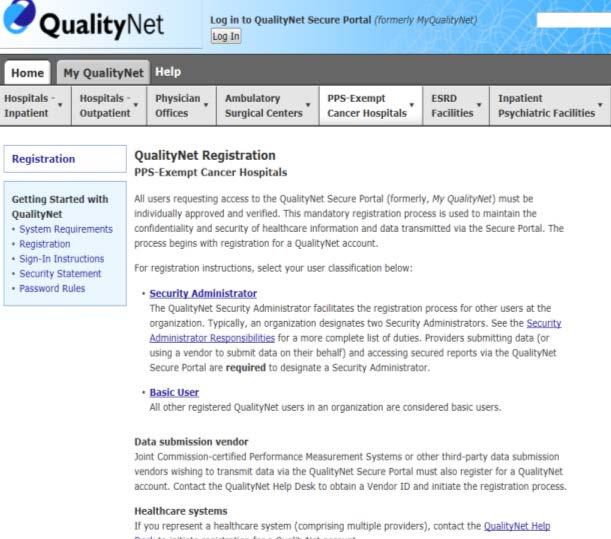 Registration Page The PCHQR Registration Page provides: Information about registering on QualityNet as a Security
