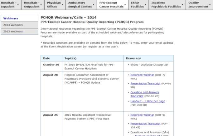 Webinars Page The PCHQR Webinars/Calls page provides: Historical access to educational event