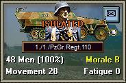 Isolated Units Units that begin the turn Isolated have their morale reduced by one level. This morale effect is in addition to other morale reductions for such things as Low Ammo.