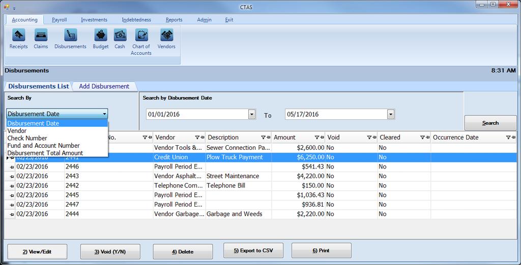 CTAS User Manual 4-18 Disbursements: Using the Search Feature In the Disbursements List tab, you can choose from a number of options to search for disbursements.