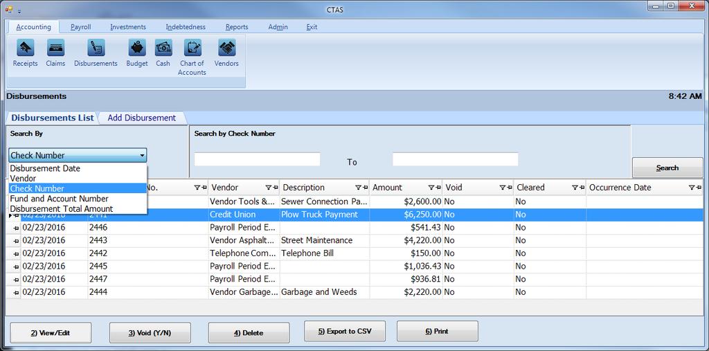 CTAS User Manual 4-20 Disbursements: Using the Search Feature (continued) The third option is to search by check number.
