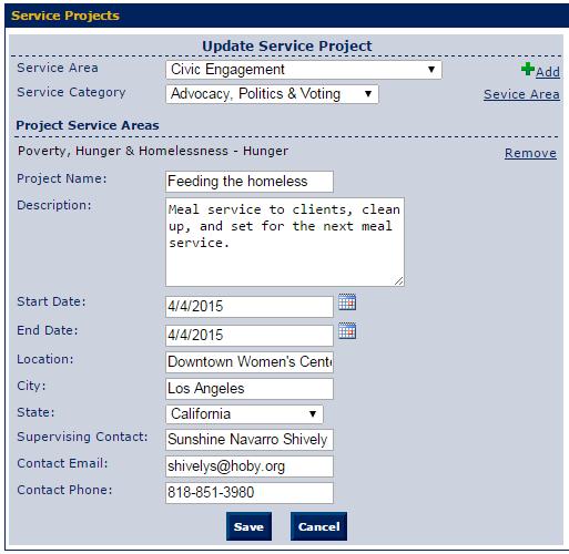 . Find the service project, and click Add Hours.. A new Service Window opens up.