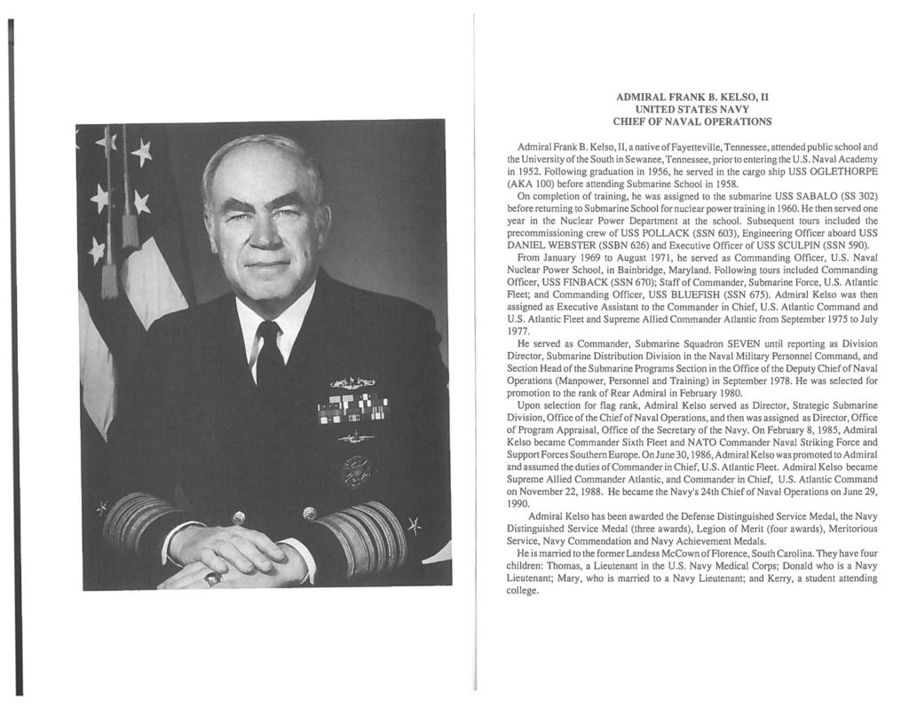 ADMIRAL FRANK B. KELSO, II UNITED STATES NAVY CHIEF OF NAVAL OPERA TIO NS Admiral Frank B.
