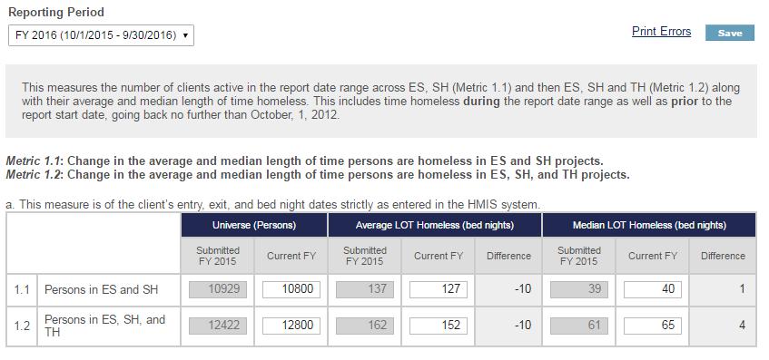 Measure 1: Length of Time Persons Remain Homeless This measure includes 2 metrics - 1.1 and 1.2. In addition, there are two identical output tables for this measure 1a and 1b.