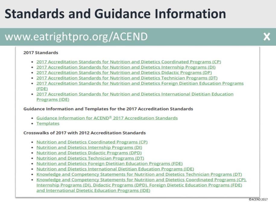 This is a screen shot of the ACEND website where the 2017 standards and guidance materials are located.