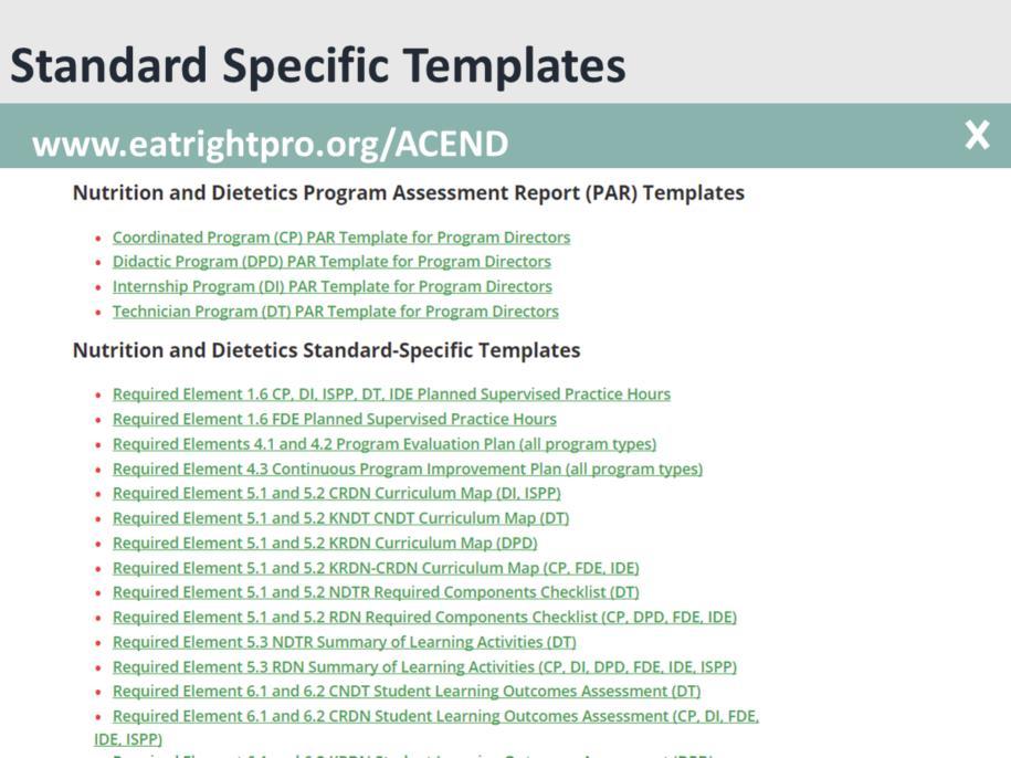 This screen shot from the ACEND website includes Program Assessment Reports (PAR) templates and Standard Specific Templates which are labeled for each