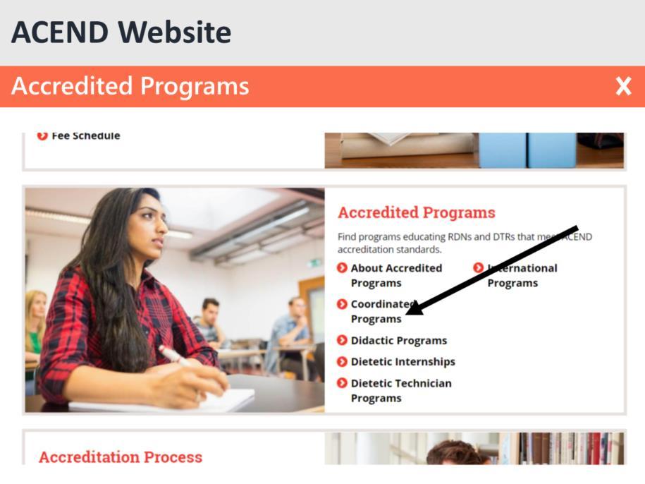 The next section lists the ACEND Accredited Programs. Here is where ACEND lists all of the ACEND accredited programs by program type.