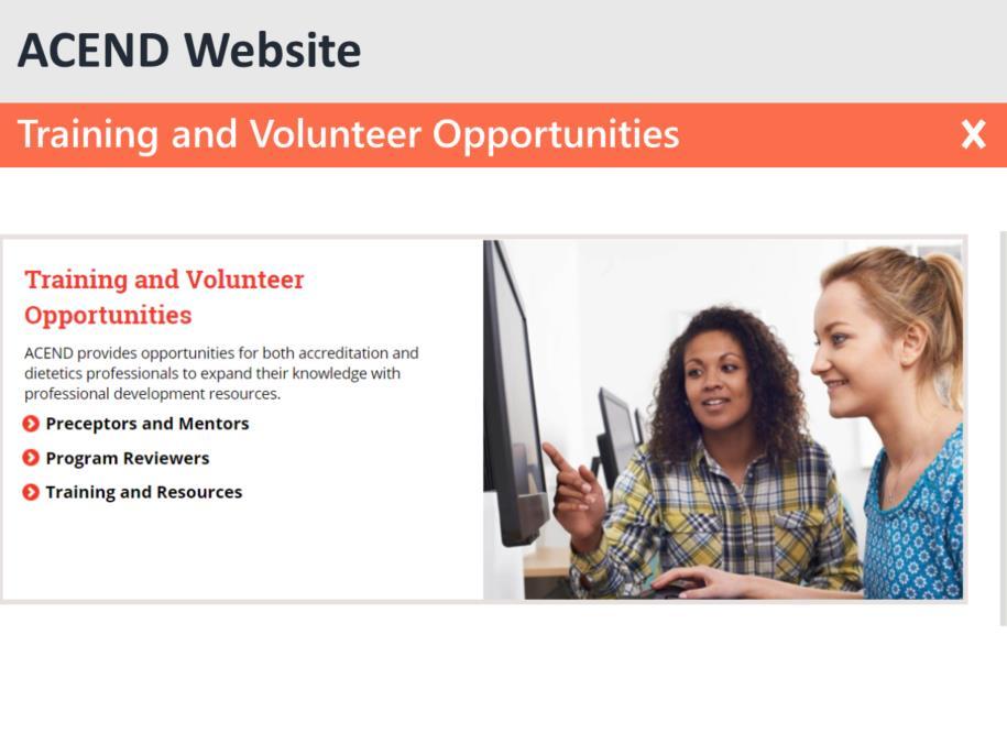 The last section on the ACEND website we will discuss is Training and Volunteer Opportunities.