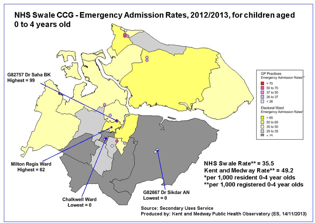 Swale Emergency Admissions Figure 101 Swale CCG 2012/13 Emergency admission rates for children aged 0-4 years Higher rates of emergency admission should be noted for Murston, Sheerness West, Sheppey