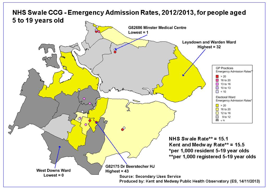 Figure 102 - Swale CCG - 2012/13 Emergency admission rates for children aged 5-19 years The notably high rate of emergency admissions for children aged 5-19 resident in Leysdown and Warden should be