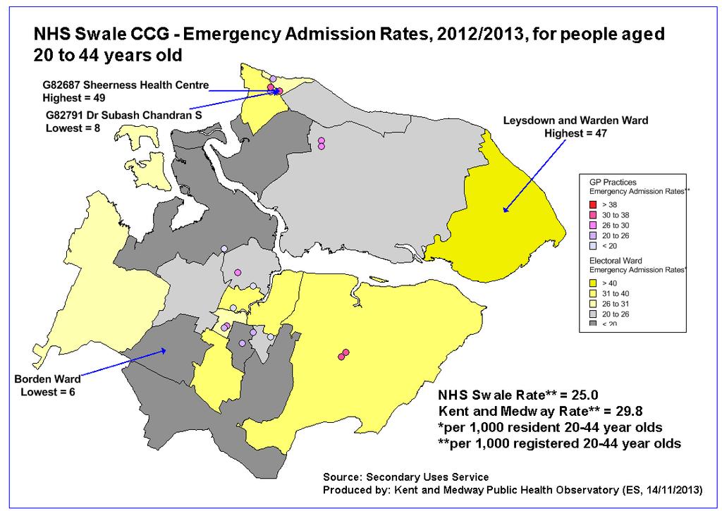 Figure 103 - Swale CCG - 2012/13 Emergency admission rates for people aged 20-44 Higher emergency admission rates can be discerned for residents of both Sheerness wards, Minster Cliffs and Leysdown
