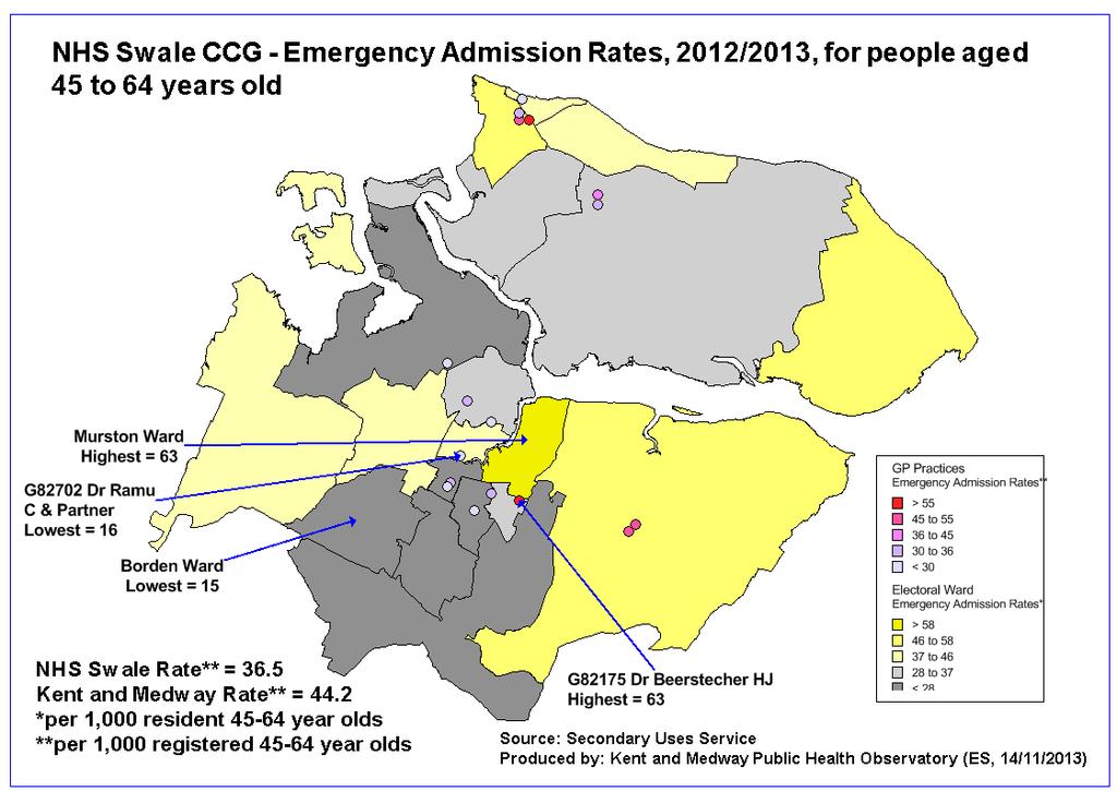 Figure 104 -Swale CCG - 2012/13 Emergency admission rate for people aged 45-64 years Notable emergency admission rates for residents of Sheerness West and Leysdown and Warden should be noted for the
