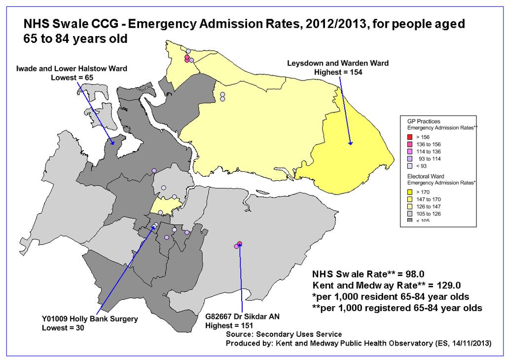 Figure 105 Swale CCG 2012/13 Emergency admission rates for people aged 65-84 years The highest emergency admissions rate for people aged 65-84 are of residents of Milton Regis ward.