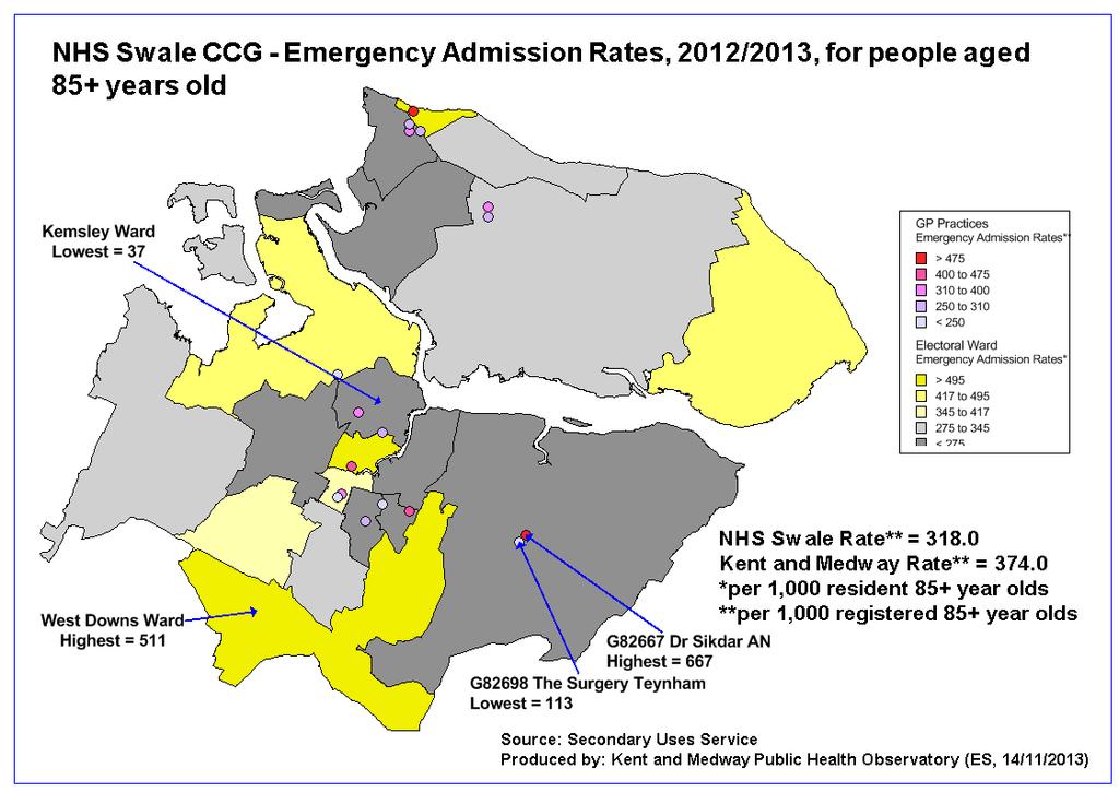 Figure 106 - Swale CCG 2012/13 Emergency admission rates for people aged 85+ years The highest emergency admission rates are found in Milton Regis, Sheerness East and West Downs.