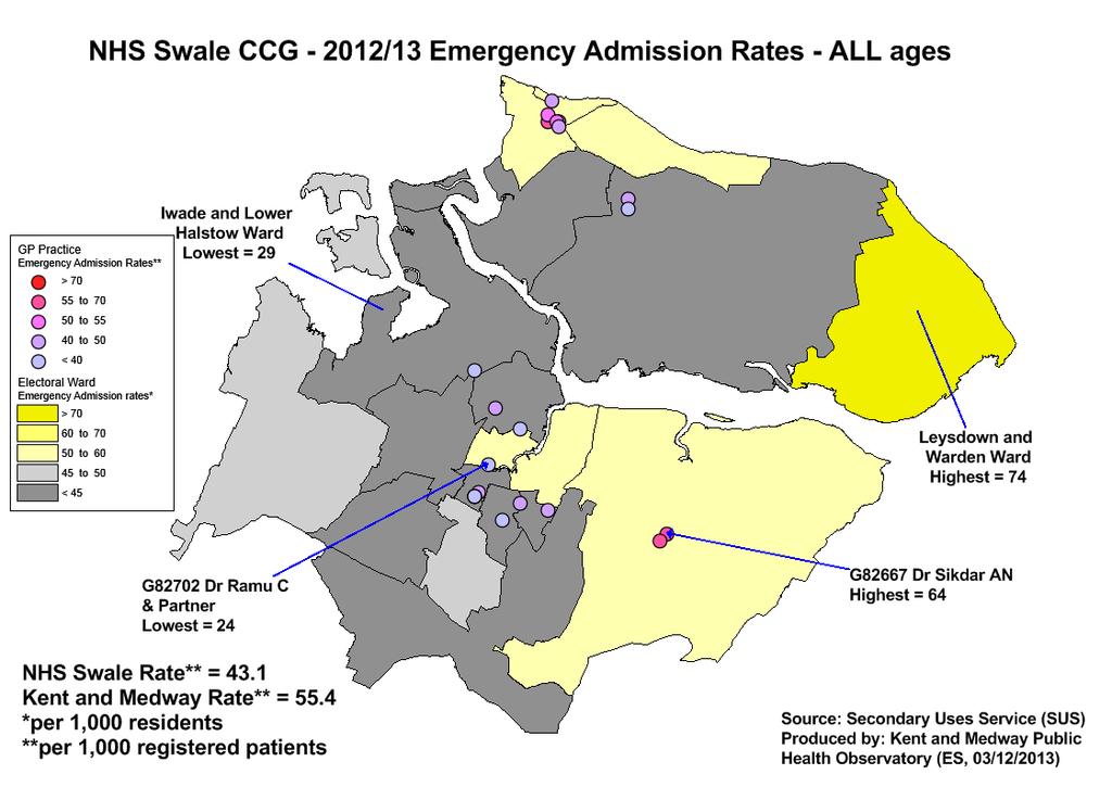 Figure 107 - Swale CCG - 2012/13 Emergency admission rate for all ages Overall the area of Swale CCG with the highest rates of admission is Leysdown and Warden.