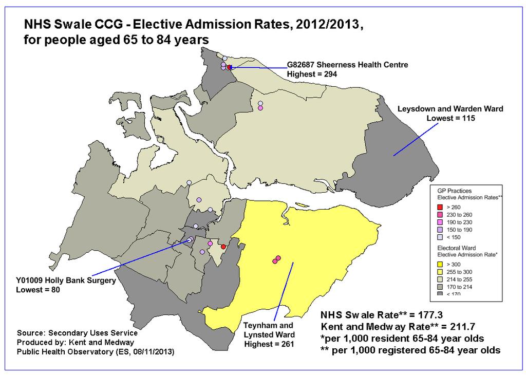 Older People Figure 108 Swale CCG 2012/13 Elective admission rates for people aged 65-84 years There is an equitable distribution of elective admissions for residents of the CCG aged 65-84.