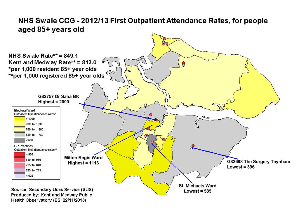 Figure 111 - Swale CCG -2012/13 Outpatient first attendance rates for people aged 85+ years The very high rates of outpatient first attendances amongst people aged 85+ resident in Milton Regis should