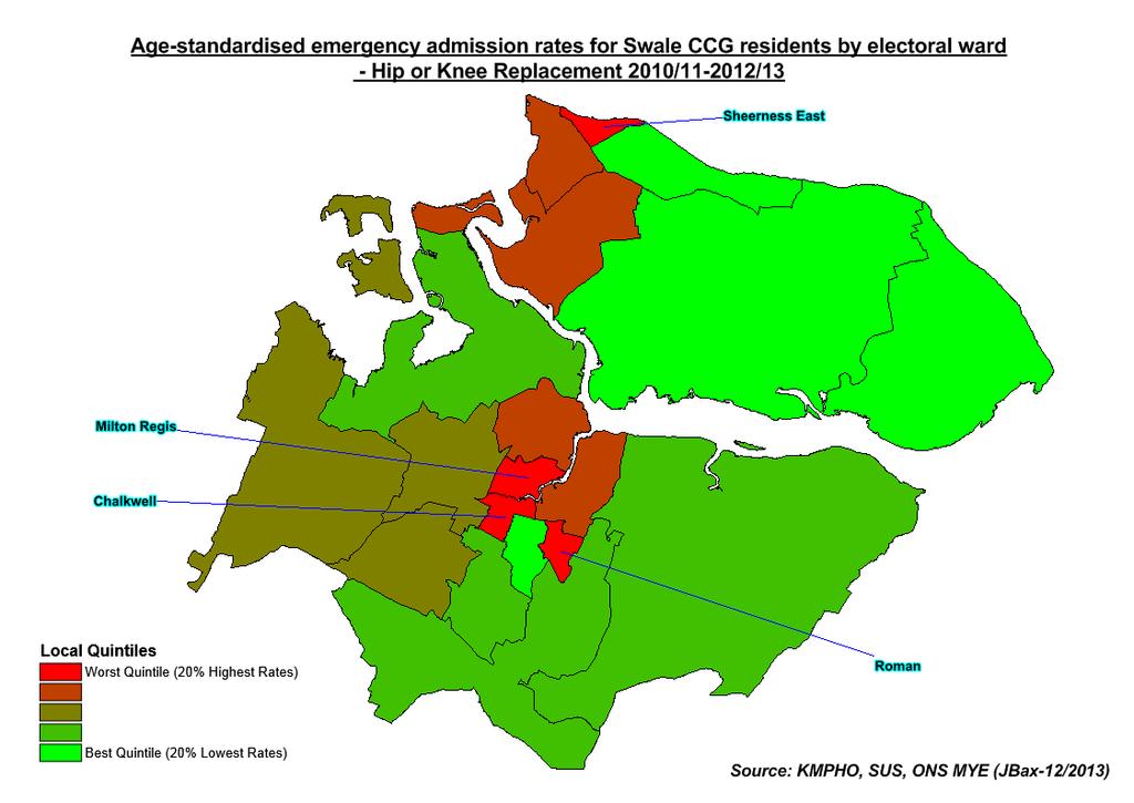 Figure 119 - Age standardised emergency admission rates for Swale CCG residents - hip or knee replacement 2010/11-2012/13 by electoral ward The highest rates of age