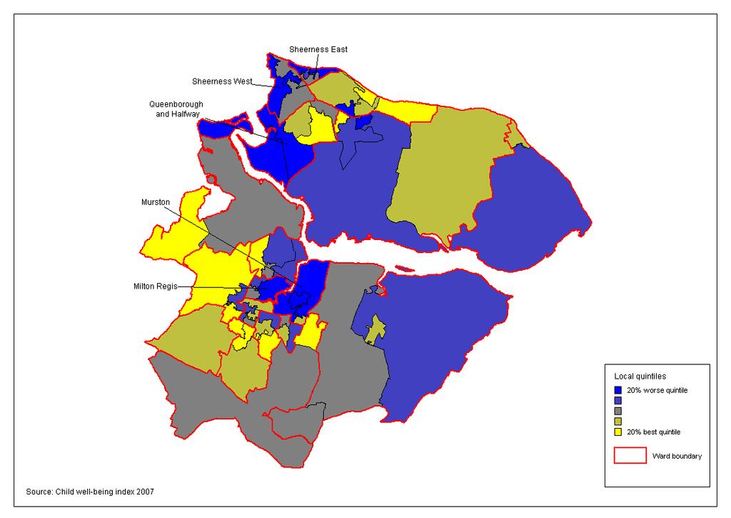 Child wellbeing health overview Figure 30 - Child Wellbeing Index 2007 - Health and disability scores in the Swale CCG area This is a mapped overall summary of children s health drawn from a specific