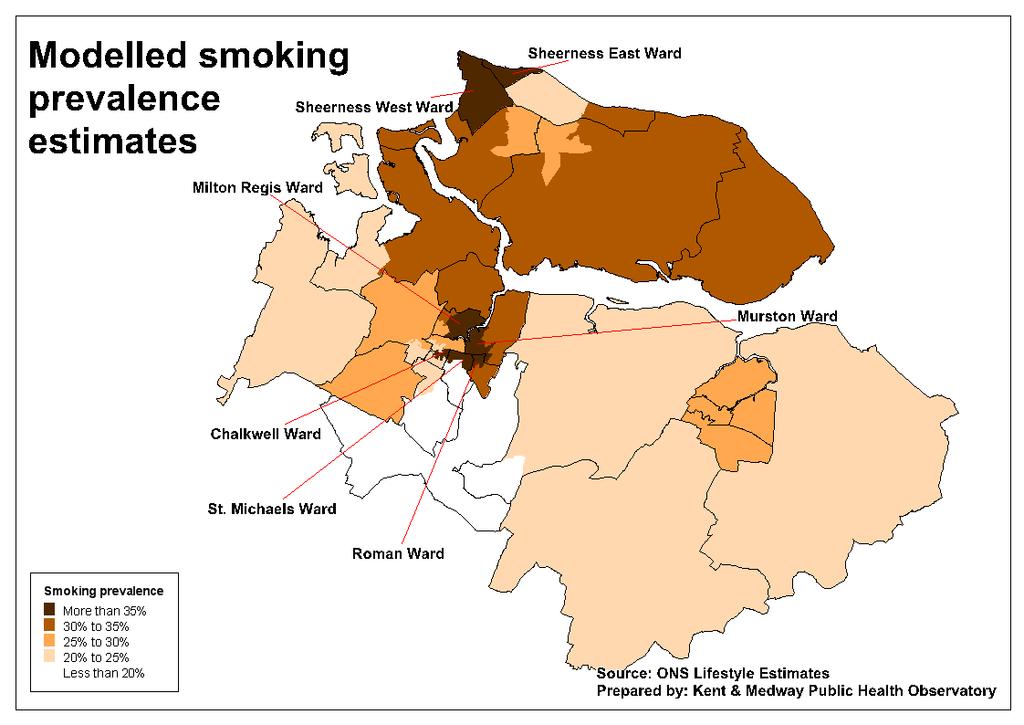 Chronic Diseases Risk Factors for Chronic Disease Smoking Prevalence Figure 36 - Modelled smoking prevalence estimates in the Swale CCG area Smoking rates are highest around central Sittingbourne and