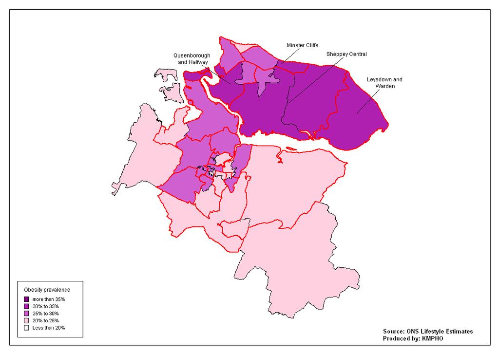 Adult Obesity Prevalence Figure 38 - Modelled adult obesity prevalence estimates in the Swale District area 30.2% of adults are estimated to be obese in the Swale Borough Council area.