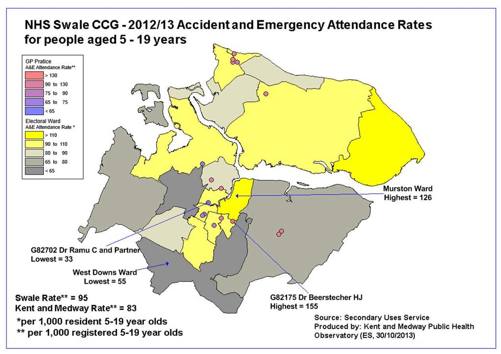 Figure 95 - Swale CCG 2012/13 Accident and emergency attendance rates for children aged 5-19 years There are modest rates of A&E attendance for children aged 5-19.