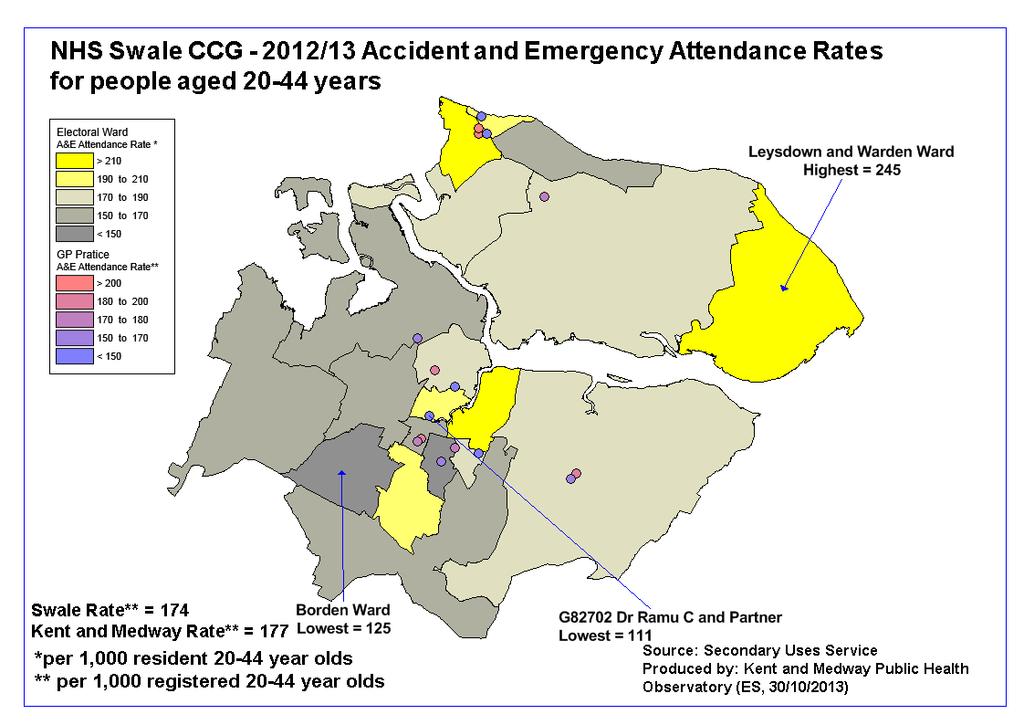 Figure 96 Swale CCG - 2012/13 Accident and emergency attendance rates for people aged 20-44 years Higher rates of attendance of residential people of working age can be discerned in Murston,