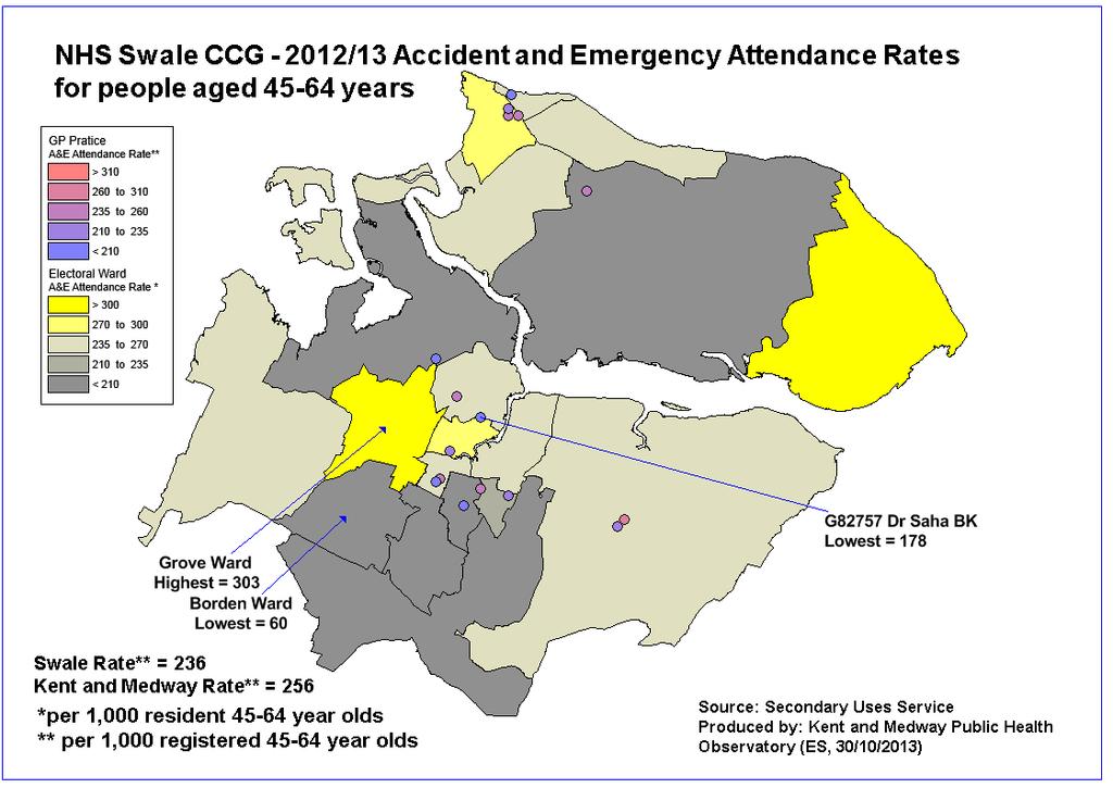 Figure 97 - Swale CCG - 2012/13 Accident and emergency attendance rates for people aged 45-64 years Higher rates of attendance for people aged 45-64 can be