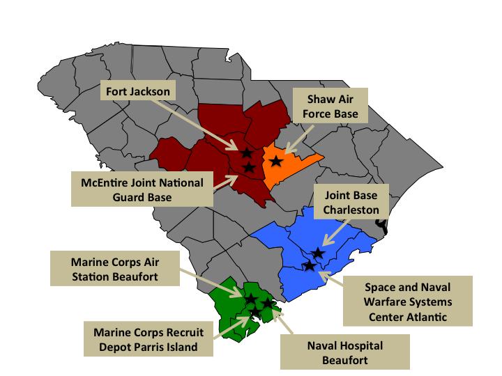 In this study, the military community/presence in South Carolina will be defined as including the following eleven elements: - Fort Jackson - Shaw Air Force Base - Joint Base Charleston - Space and