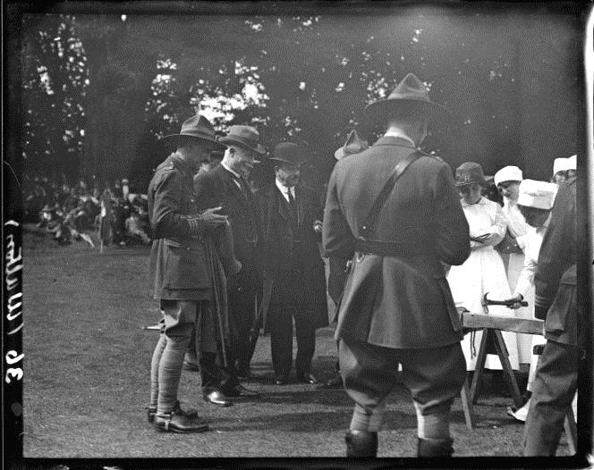 Prime Minister William Massey and Sir Joseph Ward at Walton-on-Thames Hospital. Royal New Zealand Returned and Services' Association :New Zealand official negatives, World War 1914-1918.