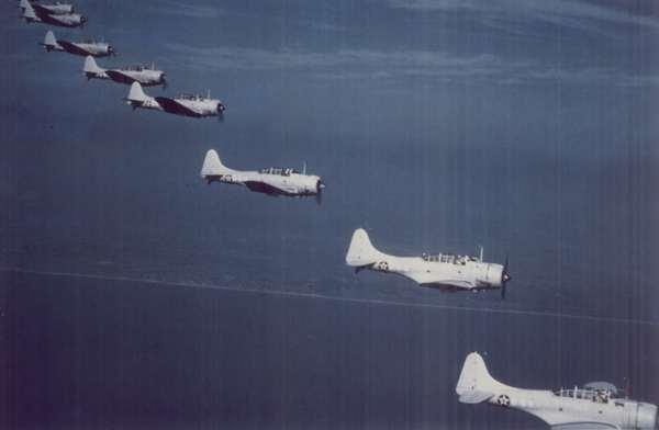 Douglass SBD Dauntless scout bombers of Bombing Squadron 5 executed the dive